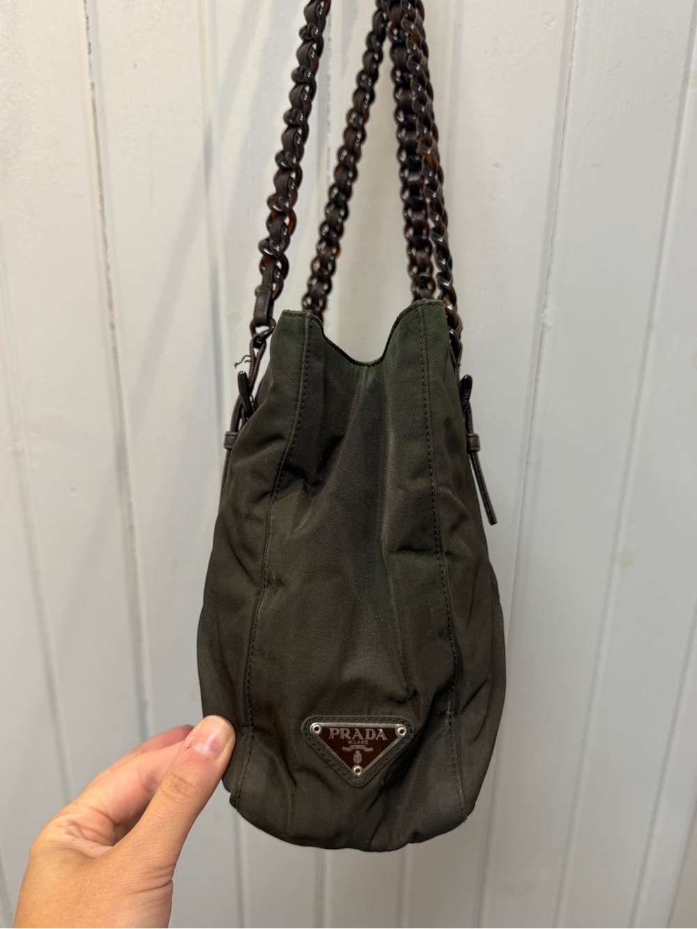 Prada Vintage Green Nylon Classic Shoulder Tote Bag with Acrylic Chain Straps - Picture 5 of 10